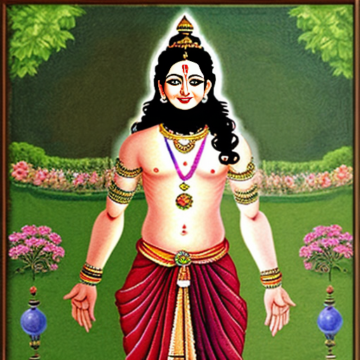 lord Krishna standing in garden with floot and sudharshana Chakra and smiling