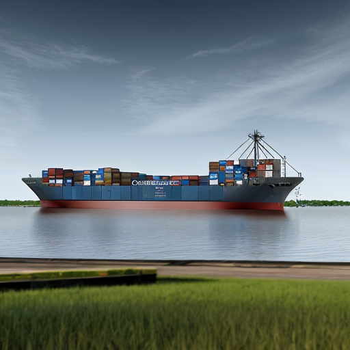 Create a realistic image of a container ship entering mobile bay. On each container is a confederate themed graphic from the civil war era.