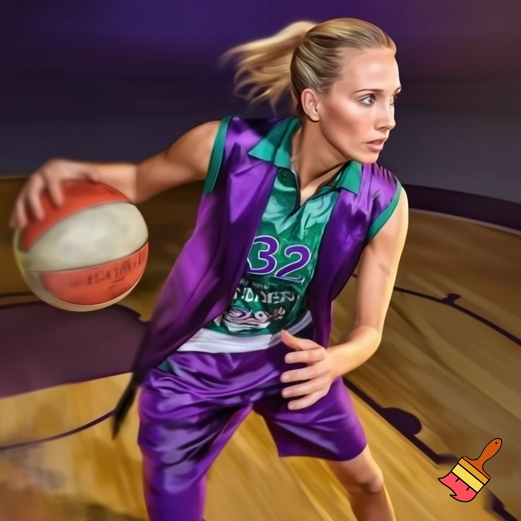 Una mujer de treinta años rubia con una coleta. Con una camiseta del Unicaja de tirantes con el número 32 que sea morada y verde puntos es una jugadora de baloncesto profesional así que tiene que salir con una cancha de baloncesto o con una pelota cogida en las manos