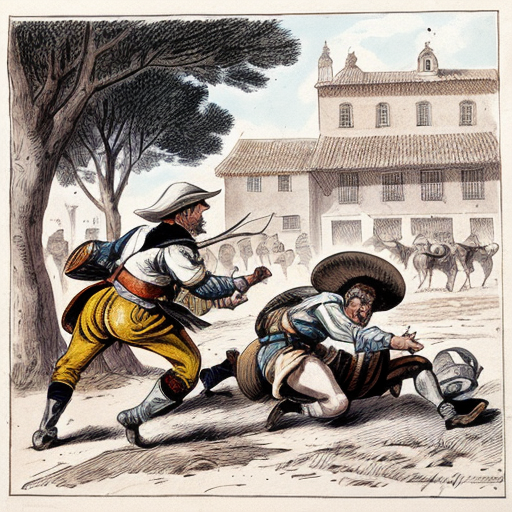 Illustration of a scene from Don Quixote, Scene 7.
A muleteer (arriero) punching Don Quixote.
Don Quixote falling to the ground, armor damaged.
Sancho Panza nearby, shocked and worried.
Old Spanish inn in the background.
Action scene but educational, not violent.
Classic book illustration style, 17th century Spain.
Soft colors, hand-drawn, clear composition.



