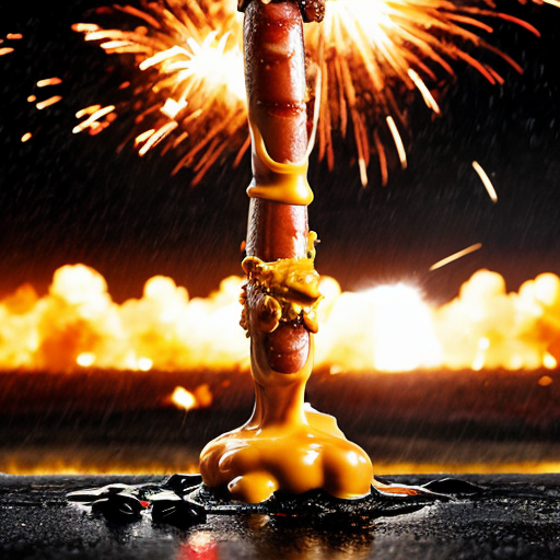 a war scene happening, war background, raining hotdog, and hotdog bomb explode in the air, gun make out of mustard and ketchup