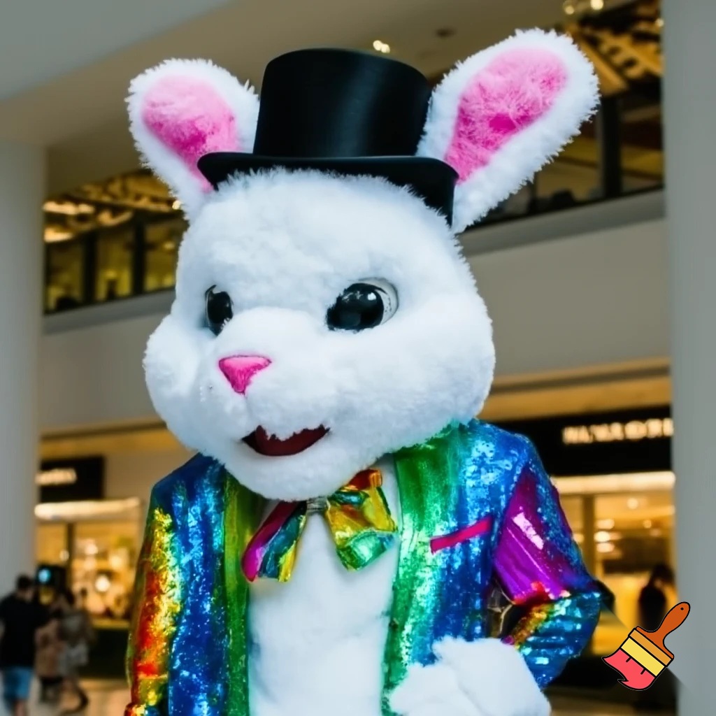 Easter bunny mascot costume top hat shopping Centre colourful jacket