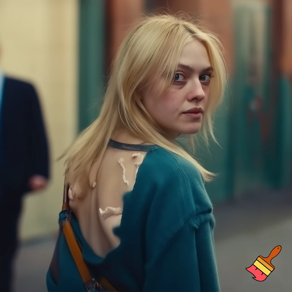 Dakota Fanning, various poses, torn clothes, street scene, close up shot, breast exposed, walking away looking over her shoulder 