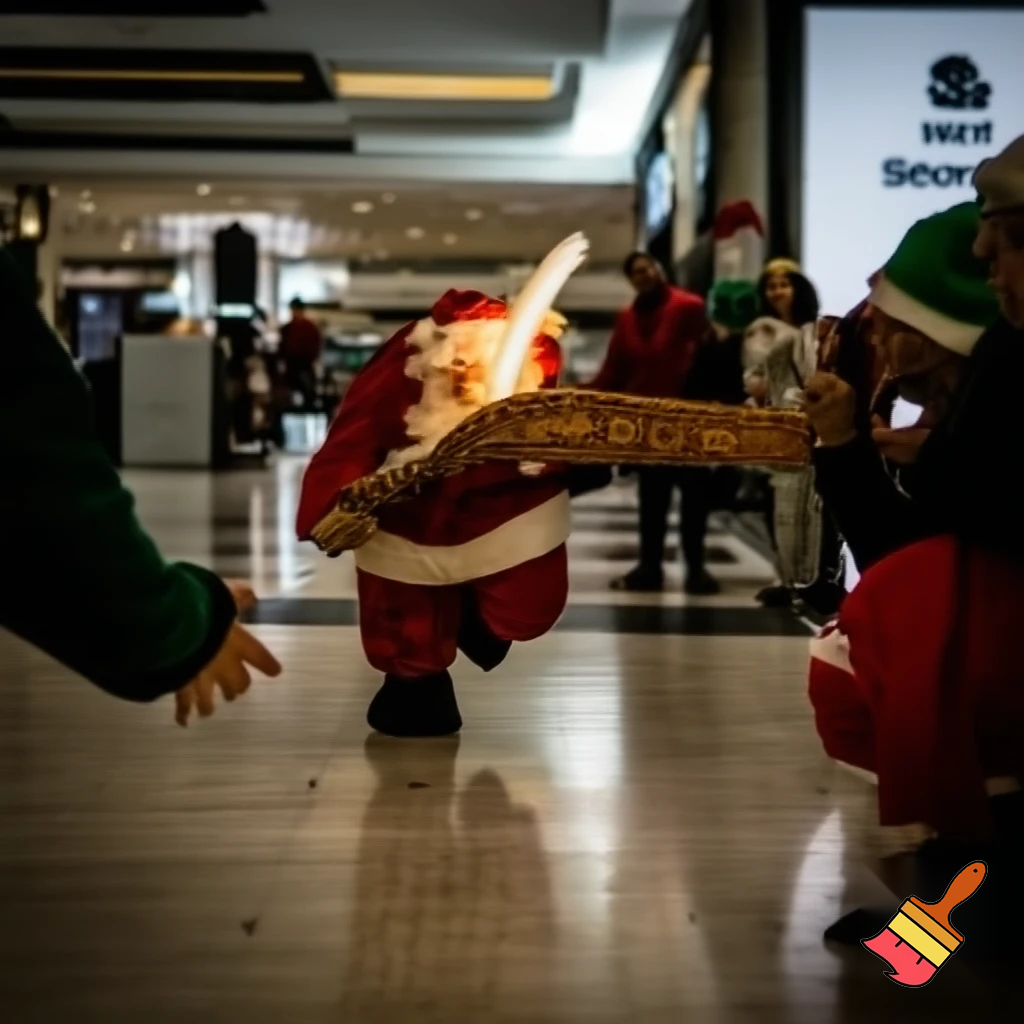 Santa Claus running with the walking stick running with his magic walking stick walking in the shopping centre with the walking stick magic staff walking stick affectation the police are on the way the police elf on the shelf