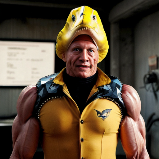 peux tu générer un homme requin humanoïde  qui porte un costume jaune abimé. Ses bras portent  des ailerons de requins. Il est musclé et à l'air méchant. Il porte un chapka russe sur la tête. 
Représente le de plein pied et insiste sur son côté requin terrifiant.