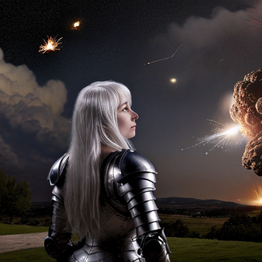 young white-haired woman in armor watches as meteorites fall on her castle