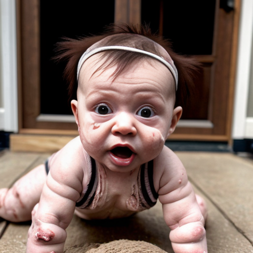 Baby crawler MUTANT DEFORMED grotesque EXPIREMENT UGLY GROSS DISGUSTING OUTSIDE SURROUNDING A HOUSE