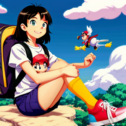 Little Dora purple backpack pink t-shirt orange sex short pants yellow socks white sneakers on a sitting big Cloud ride flying in the Sky the 1990s/early the 2000s mario