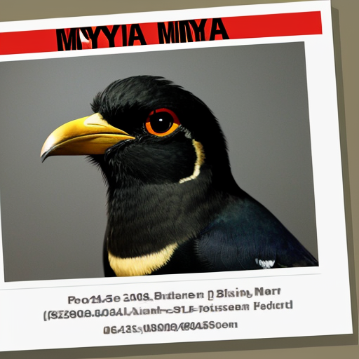generate a image of a indian myna in a mugshot looking fierce, sinister, evil and deadly prison outfit