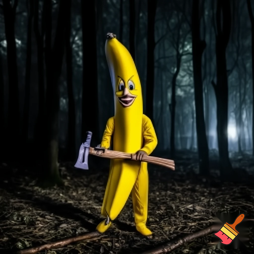 Banana man holding a axe in the woods it night
