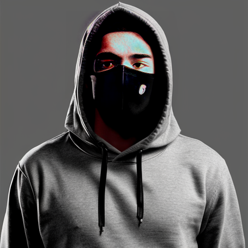 generate me a tall guy with a serious expression. The guy has white messy hair a gray hoodi e a black mask covering his mouth and inside the hoodie has a black shirt with long neck. He has the Hood lifted up and the h ands in the hoodi e' s pockets. The g uy i s 17
