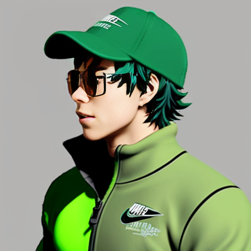 Izuku Midoriya from My hero academia wearing drippy glasses with nike tech fleece and a sideways cap for a profile picture make it look like izuku midoriya and really realistic
