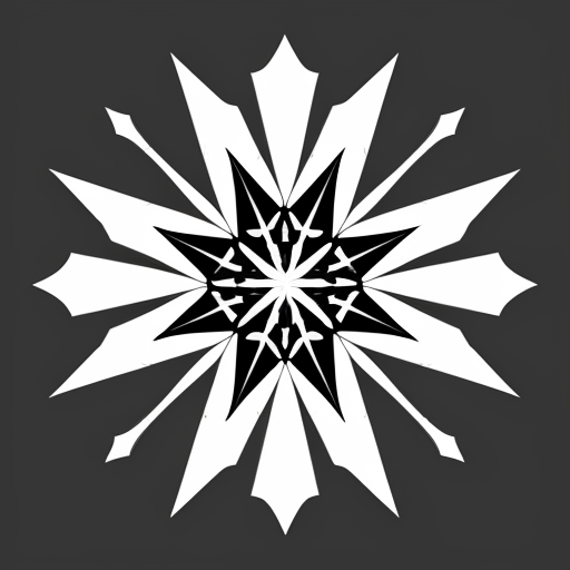 Realistic six-sided crystalline snowflake line drawing with fractal geometry in b&w