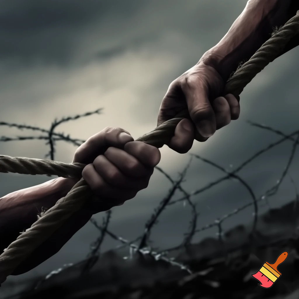 There are two hands pulling an almost broken rope, they are pulling very hard. In the background there is barbed wire, like a battlefield 