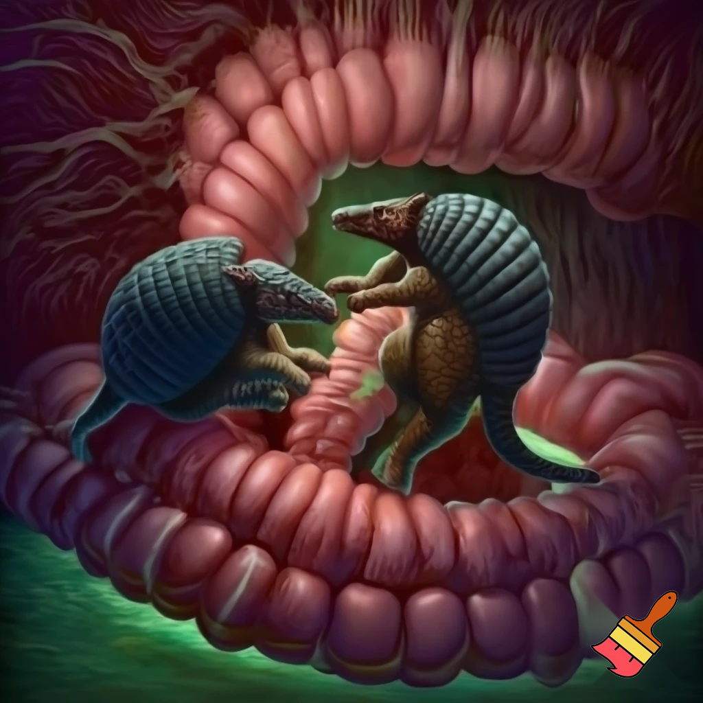 Armadillos wrestling inside a fat man's large intestine 