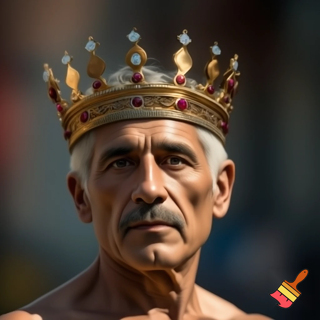 make me a portrait of a 67 person in real life with a crown on his head