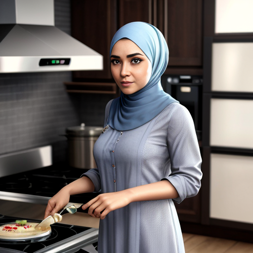 Pixar-style 3D cartoon character, standing at the stove, cooking gesture, exaggerated cartoon features, big expressive eyes, Muslim woman 35-40 years old, fully covered in wide light blue dress, loose modest clothing, headscarf covering all hair, no sexualized features, gray background, simple cartoon style