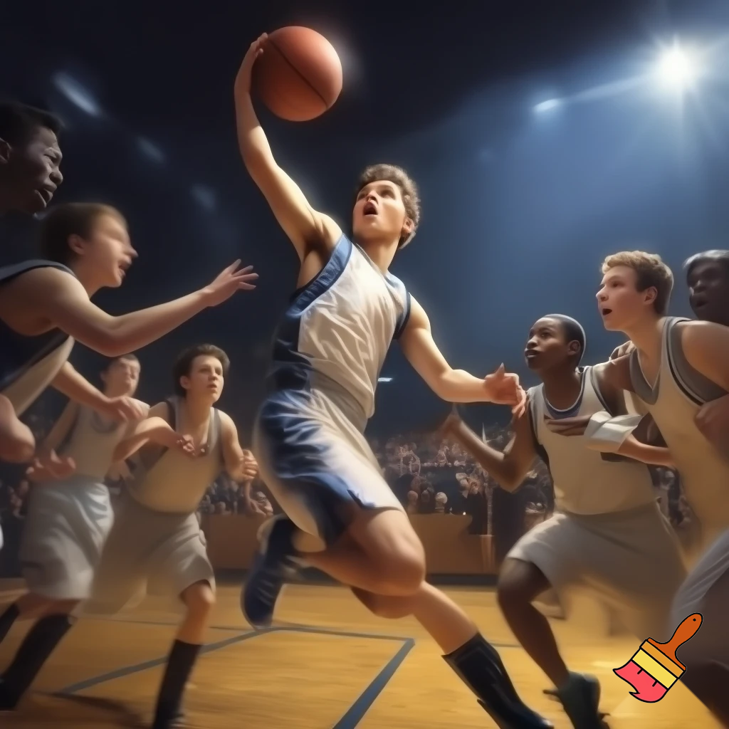 behind white teenage basketball players making a game winning three pointer