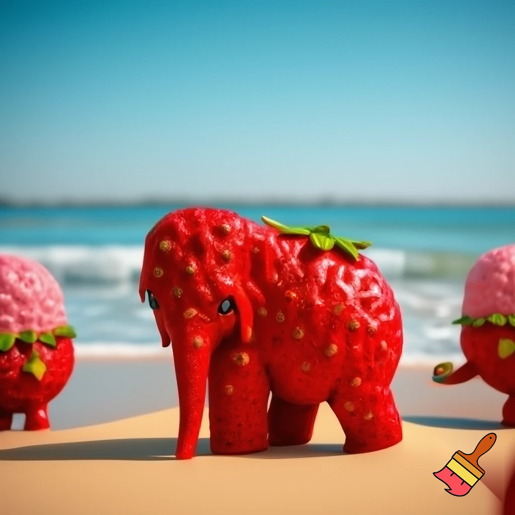 strawberry elephant from steal a brainrot with other brainrots on the beach
