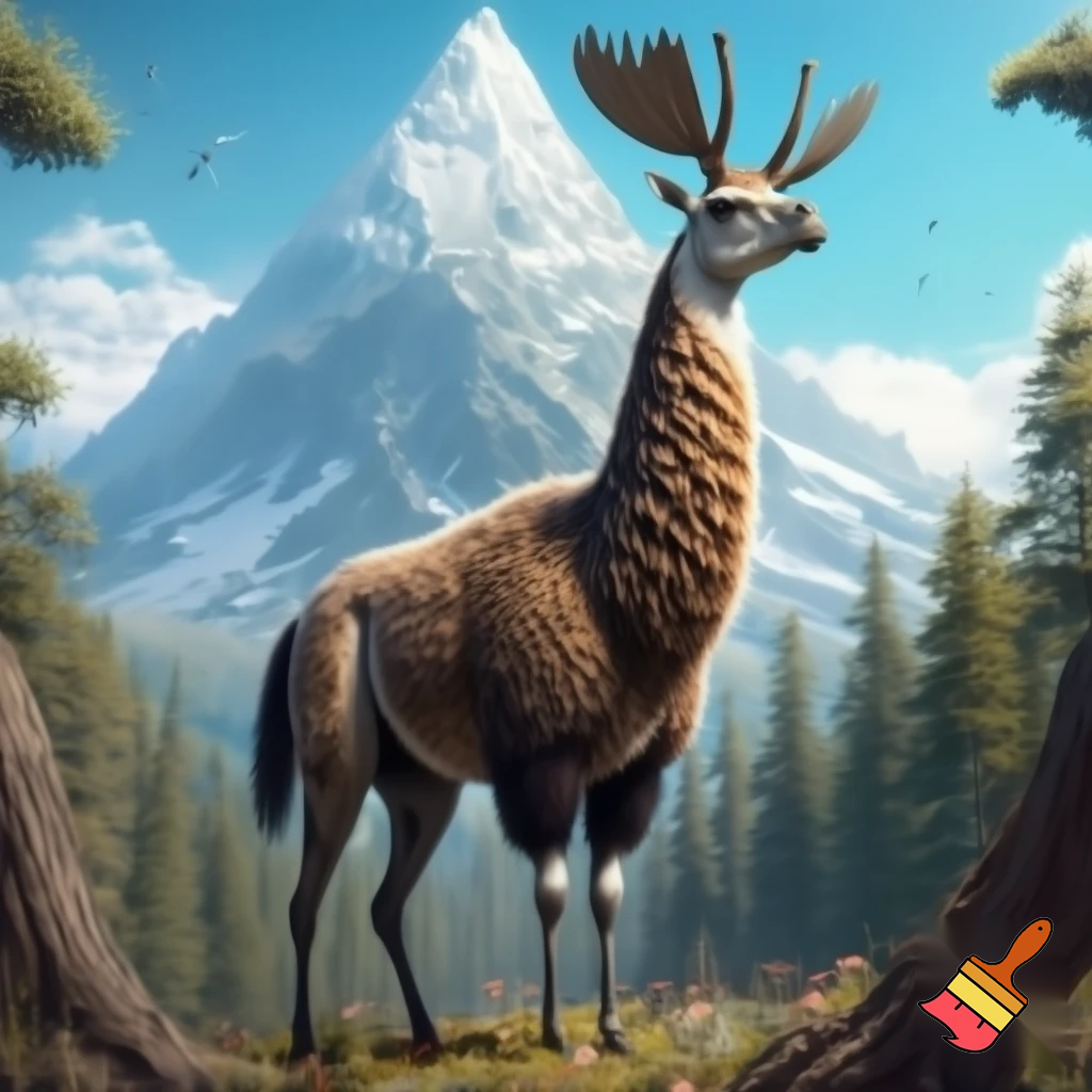 A hybird real life llama + girffe + hawk + moose forset back mountain on