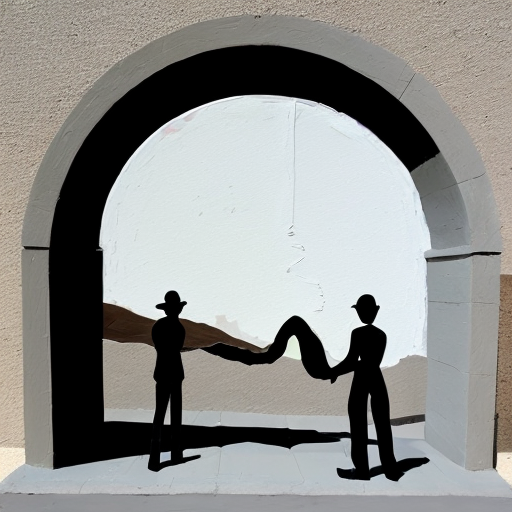 Paint the stones of an arch with multiple abstract figures in Tanguy  style