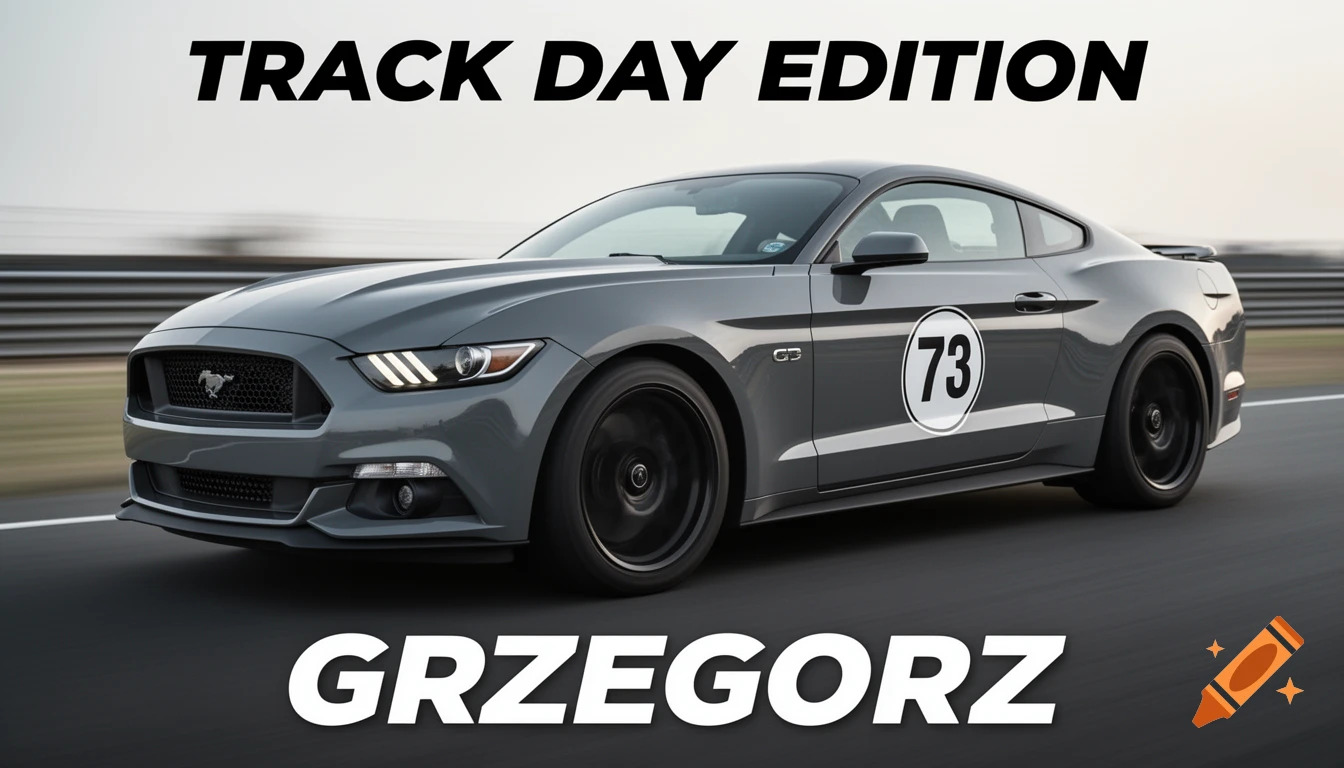 grey Ford Mustang GT S550 racing on track, front 3/4 view, light motion blur background, car sharp and glossy, white roundel with black number 73 on the door, top text “TRACK DAY EDITION”, bottom text “GRZEGORZ” in bold racing font, dynamic composition, high contrast
