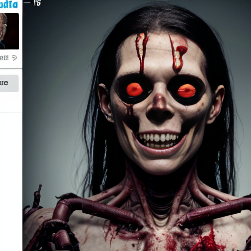 ​A screenshot of a social media feed with two stacked posts, featuring unreadable, distorted text and standard interaction icons. The top post displays two side-by-side images of a distorted, macabre humanoid figure in a blood-soaked, tattered gown, covered in tattered cloths, lying on light dirt. The bottom post shows a single image of a messy, desolate space filled with debris and a dark, heavily distorted demon, The entire image must have a low-resolution, weirdcore, "cursed image" style with early AI generation artifacts., body horror 