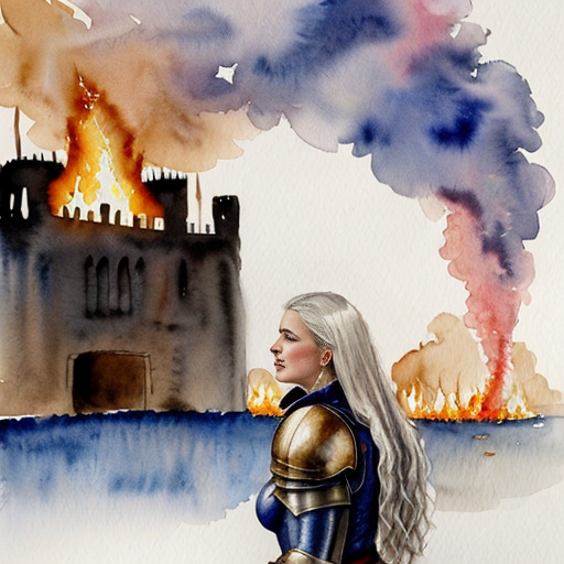 young, tall, white-haired woman in armor stands in front of a burning castle into which meteorites are falling.