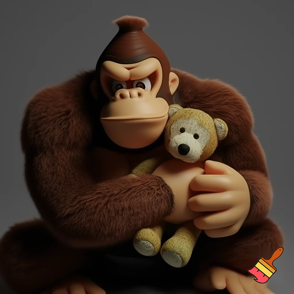 Donkey Kong hugging a teddy bear