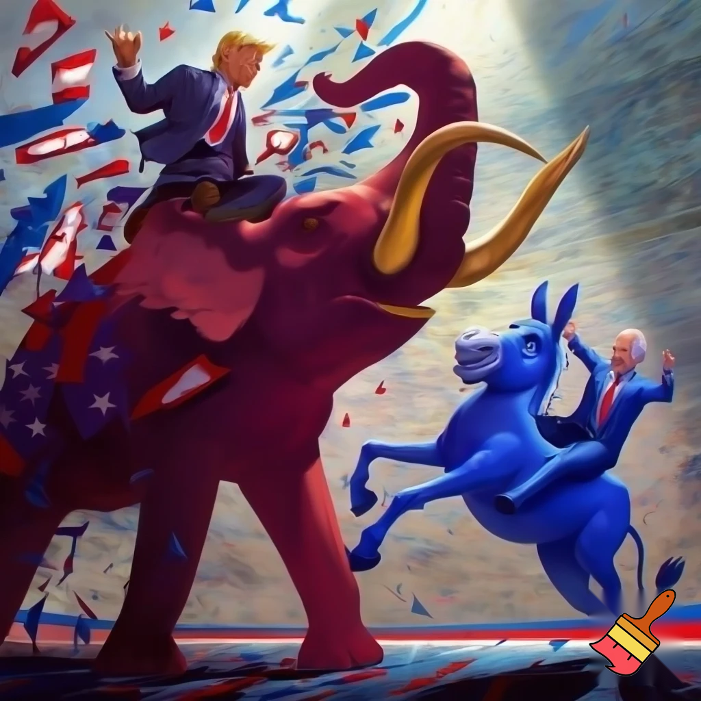 President trump on Republican elephant and Joe Biden being kicked by the Democratic donkey