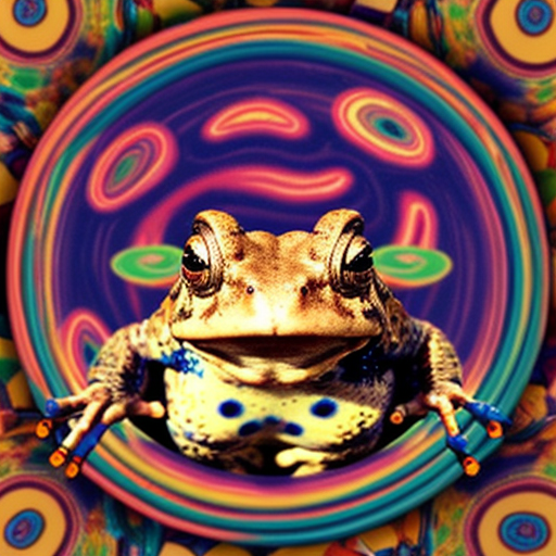 A hillarious, funny boho toad with some hippie colored coffee cups. Psychedelic decorated background, hyperrealistic. Close-up view.