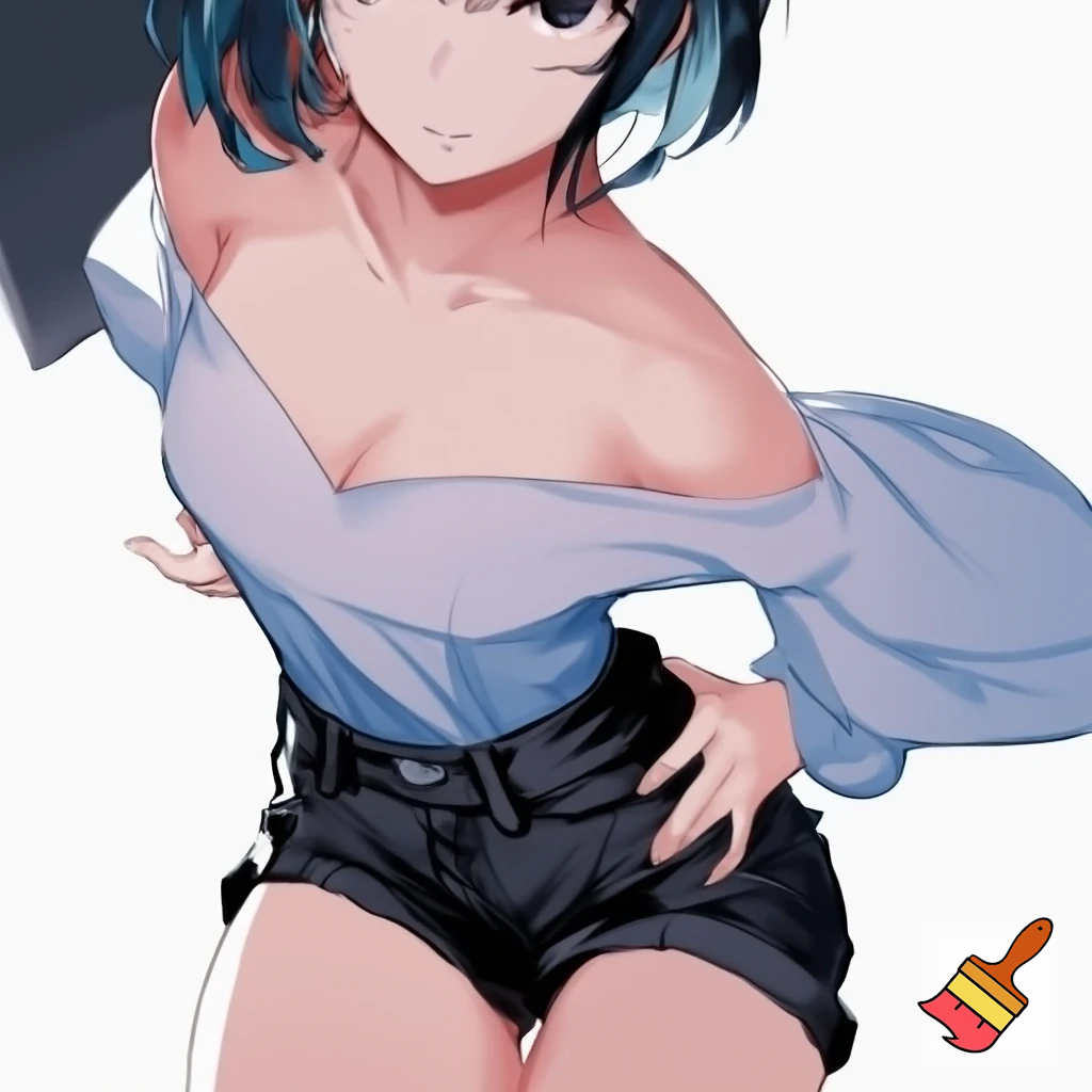 Anime girl 20 years old so cool and cute is dressing a of shoulder dress and it’s very revealing and very cool short black jeans is standing in white screen make is so anime