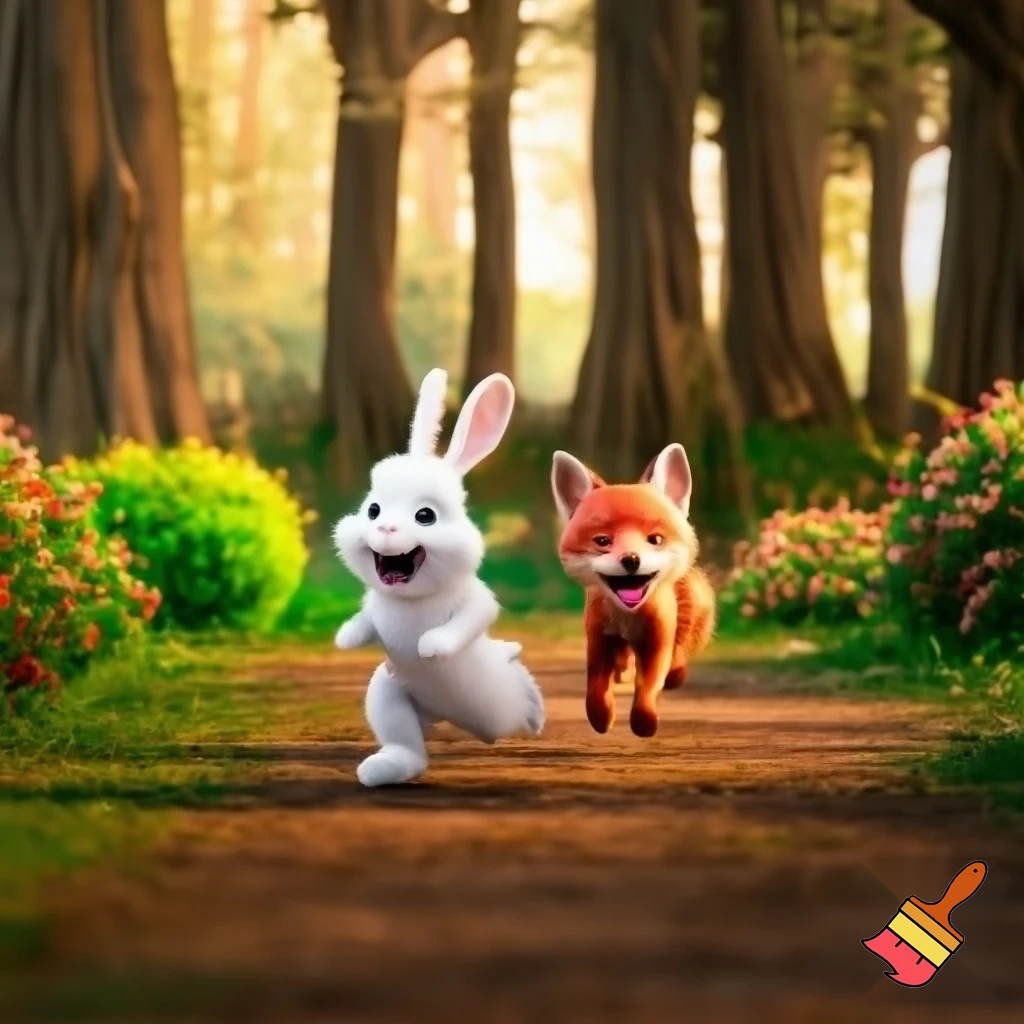 "Cartoon style illustration of the same rabbit now smiling and running playfully alongside the friendly red fox in a vibrant, colorful forest. Sunlight, flowers, trees, and bushes in background, joyful and lively mood. Both characters same as in previous scenes, showing happiness, friendship, and courage."