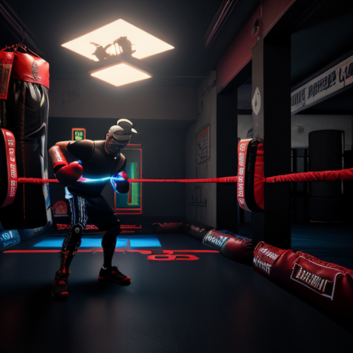 Futuristic AI-powered smart boxing bag, cyberpunk aesthetic, black carbon fiber and kevlar body, glowing 360° holographic LED impact zones, dynamic light pulses reacting to invisible strikes, advanced biomechanical sensor network visible beneath semi-transparent outer layer, floating digital HUD interface projections around the bag, high-tech combat training environment, dark neon gym, blue and red rim lighting, cinematic cyberpunk atmosphere, ultra detailed, hyper realistic, 8k, volumetric lighting, dramatic shadows, concept art, Unreal Engine render
