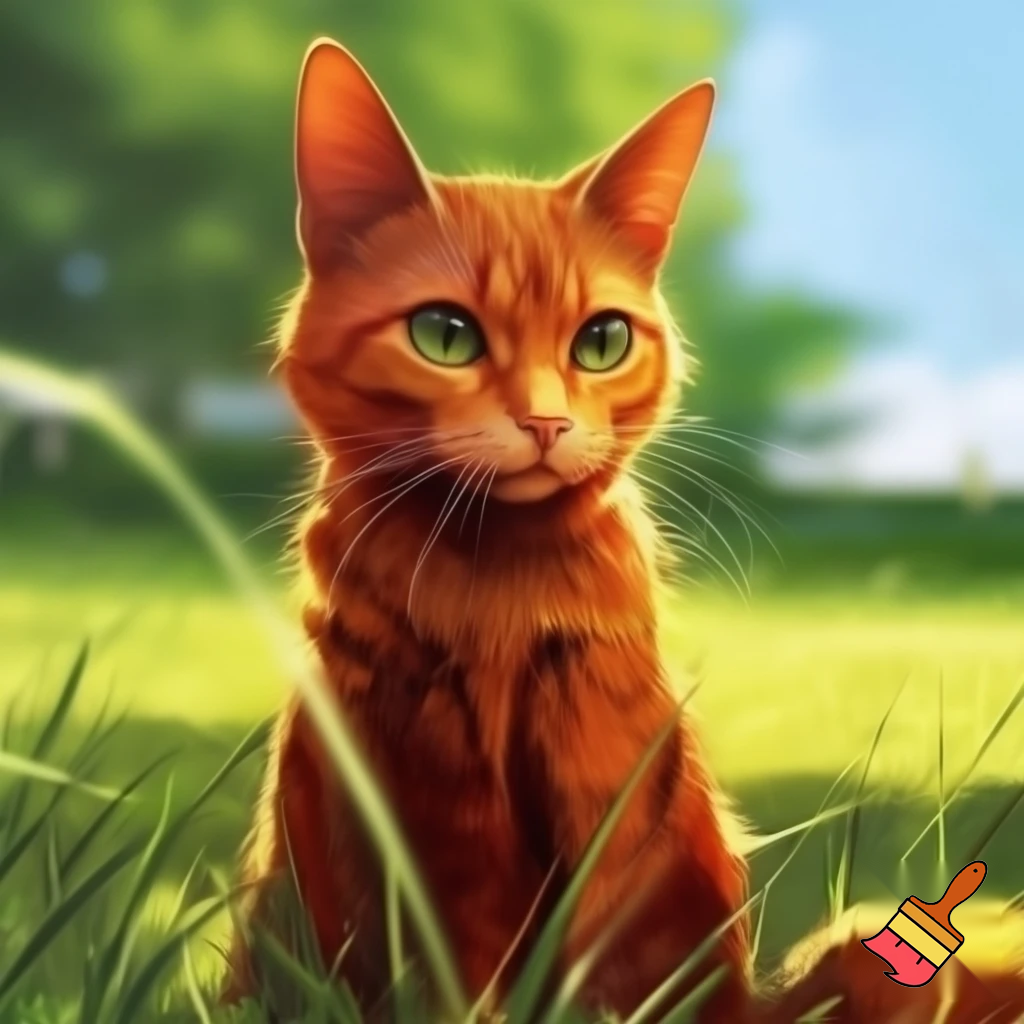 vorrei creare un gatto rosso seduto in primo piano ed il sfondo di un prato