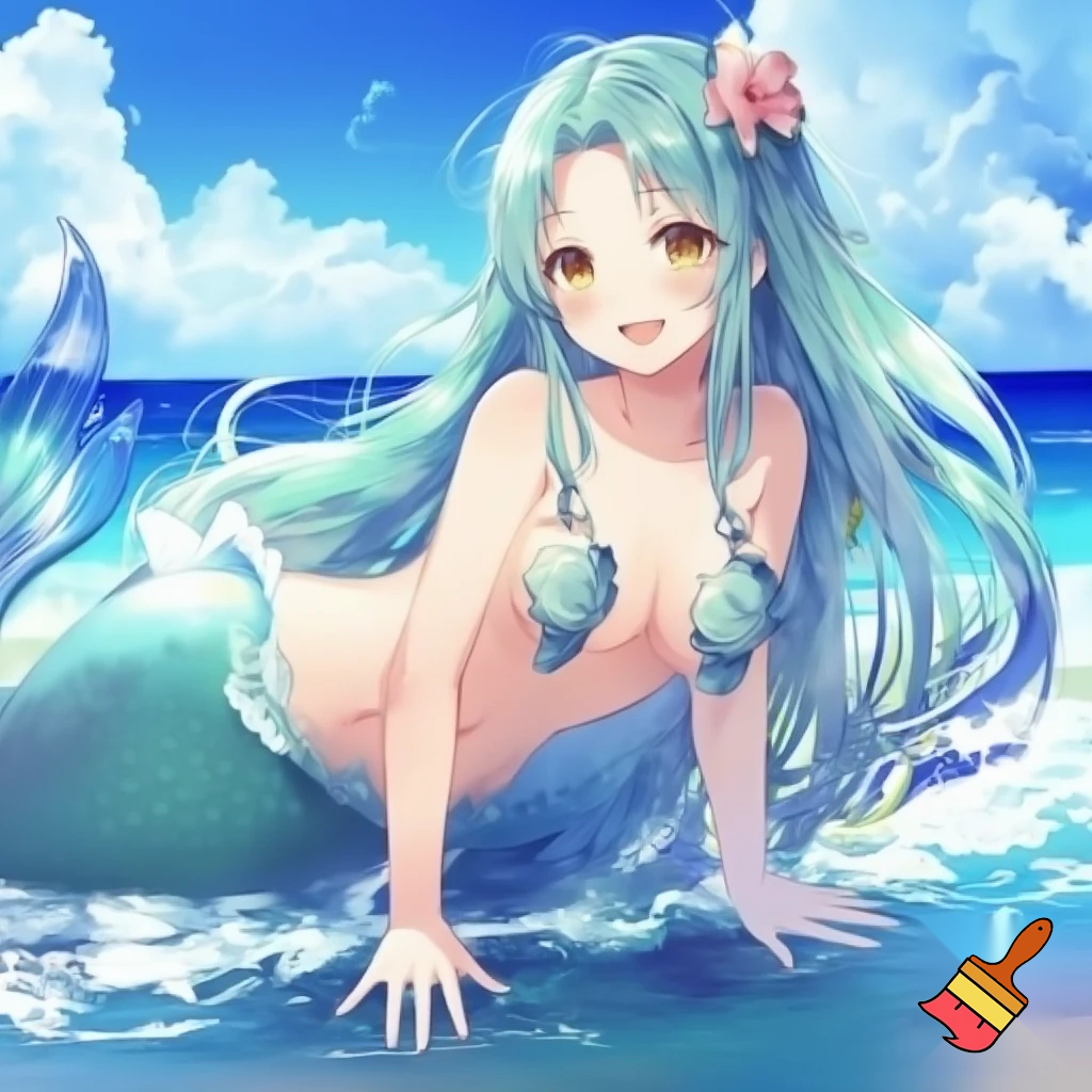 Sexy naked anime mermaid girl at the beach in the water