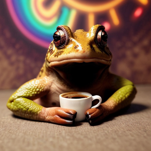 A hillarious, funny boho toad with some hippie colored coffee cups. Psychedelic decorated background.