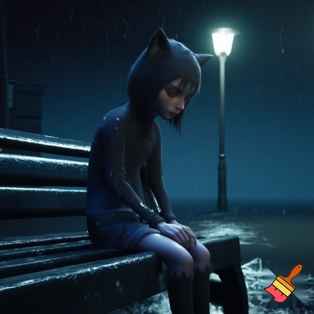“3D cinematic shot of the cat-girl sitting on a street bench under a dim streetlight, drenched clothes, soft raindrops on fur, eyes downward, emotional mood, dark blue night tone, high detail, same character face and dress.”
