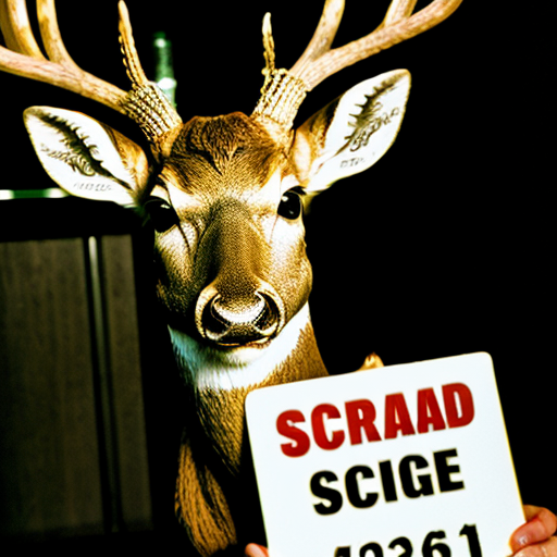 picture of a mugshot deer, scars, serious face holding a number board