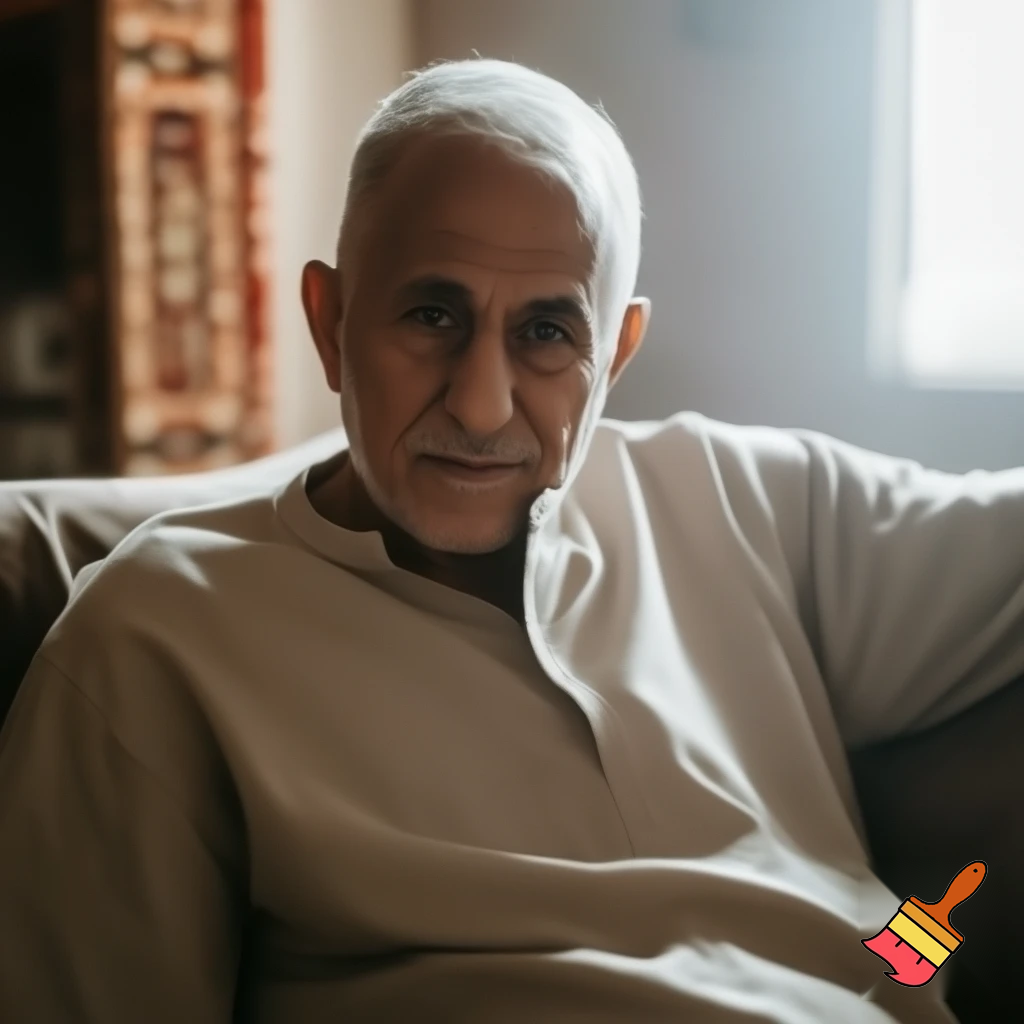 A very realistic image of an elderly man with Arab features, waiting for the medical service representative at his home, comfortable, away from crowds and the cold.