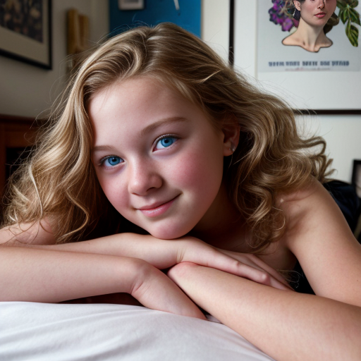 teen ,, , lifelike, portrait, highly detailed, , sharp focus, illustration, art by kittichai  and james gurney and alphonse mucha, ,  with curly blond hair and vibrant blue eyes, photorealistic, at her room, laying