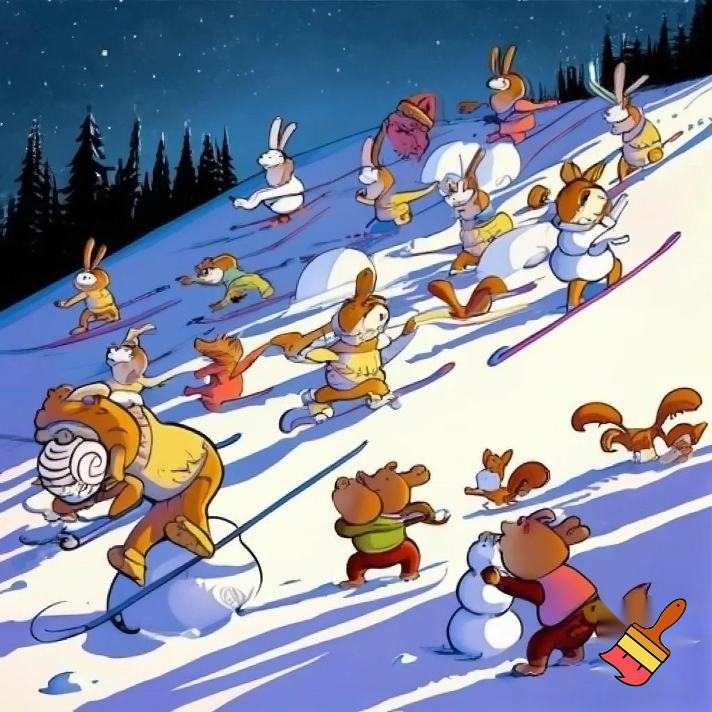 Drawing in old cartoons style. Every object is distinctive. Hares in ski suits are skiing on a snow-covered slope with dense forest on the edges. Next to them foxes in ski suits are skiing on a snow-covered slope with dense forest on the edges. Next to them bear cubs in winter clothes are making a snowman on a snow-covered slope with dense forest on the edges. Next to them squirells in winter clothes are playing with snowballs on a snow-covered slope with dense forest on the edges at dark night
