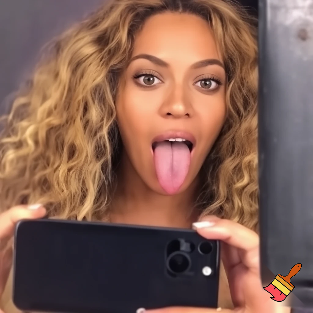 Beyonce selfie showing her long tongue looking at her phone ,horny expression 