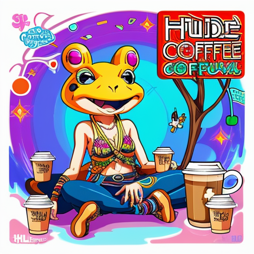 A hillarious, funny boho toad with some hippie colored coffee cups. Psychedelic decorated background. Hard style.