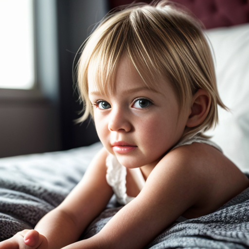 blonde little girl, sitting on bed, on the bedroom, close up