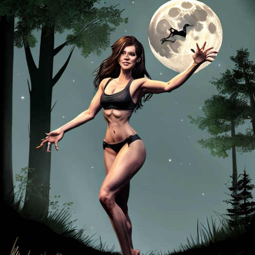 athletic female werewolf shifter. standing in front of the moon. dynamic pose. high quality. in the style of dungeons and dragons. detailed forest background.