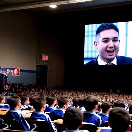 Students watched a recording of the speech delivered at a boys school assembly 
•	The speaker begins in a calm voice and pauses briefly before the word “future.”
•	When he says “the potential of our youth,” he raises his voice for emphasis.
•	He points toward the students sitting in front of him and smiles.
•	A large screen behind him shows images of rockets launching and students studying in classrooms.
•	The audience begins clapping before the speech ends, and the speaker nods in response.
