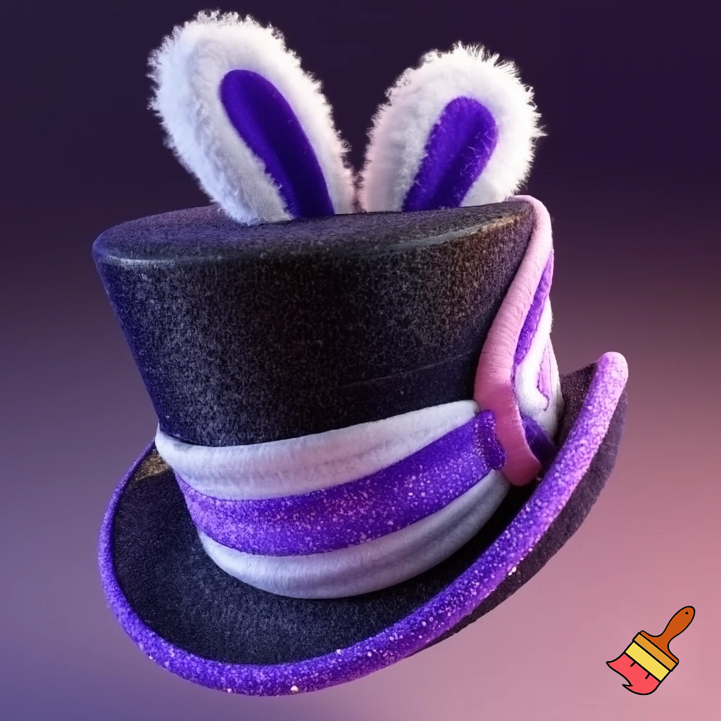 Black top hat with bunny ears velvet white and purple purple and white headband fabric and velvet glitter, purple and pink
