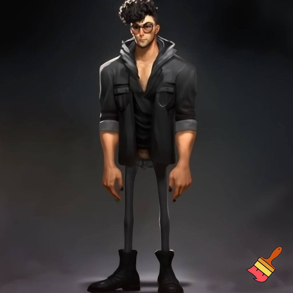 A tall, skinny, lean man with tan skin and v-tapered masculine physique, moderate muscle and prominent bone definition a heart shaped face with well defined structure, black bushy but shaped eyebrows, long lashes and coffee black 3C hair and irises wearing a black denim field coat with a grey hood attached, slim rectangular glasses with a silver glasses chain, and a black henley buttoned shirt slightly undone, black nails, sleeves rolled up the elbows, denim grey jeans and black leather combat boots 
