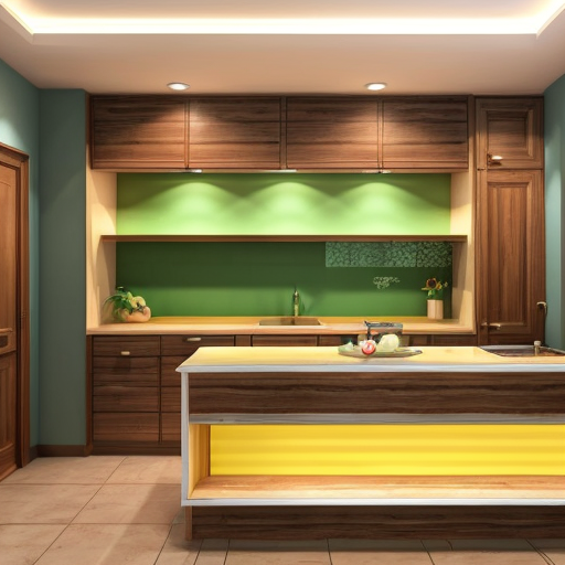 generate an interior picture of a room , 
commercial premises, with a 2.5-meter-long and 2.7-meter-high wall on the left, with 5 4-centimeter-wide pecan-colored boards on the left and right edges of the wall, and black wallpaper with gold-colored thin stripes in between. There is also a 60-centimeter-wide and 2-meter-high decorative panel with a floral pattern, and a 60-centimeter-wide and 2-meter-high mirror. the second wall begins with 50 cm of 4 cm wide pecked walnut-colored slats, followed by a 1.80 m long and 1.3 m high counter with a glass in the middle that is illuminated from the inside with yellow light, then 90 cm of slats that are pecked at regular intervals, and the wall ends with a door that matches the color of the counter. The third wall is covered with decorative plaster. Design this room in a modern and stylish manner.